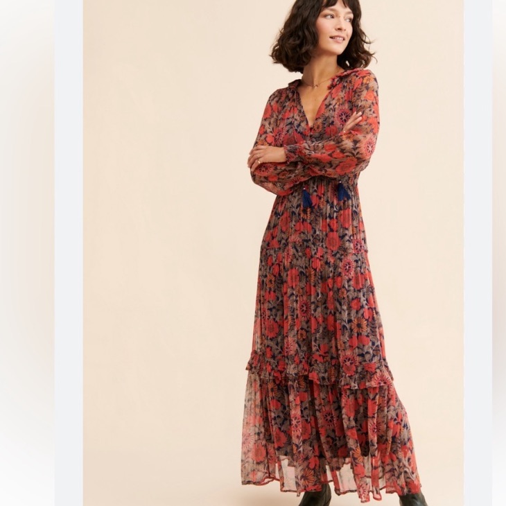 Anthropologie The Marais Red Floral Chiffon Maxi Dress Xsp Petite Boho Tiered